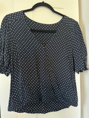 Navy Polka Dot V-Neck Blouse with Short Puff Sleeves